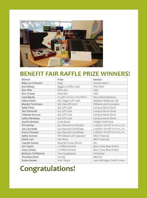 Image of the prizes from the 2018 benefits fair.